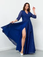 Платье «Ажур» вечернее на запахе синее