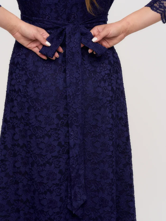 Платье «Ажур» вечернее на запахе тёмно синее