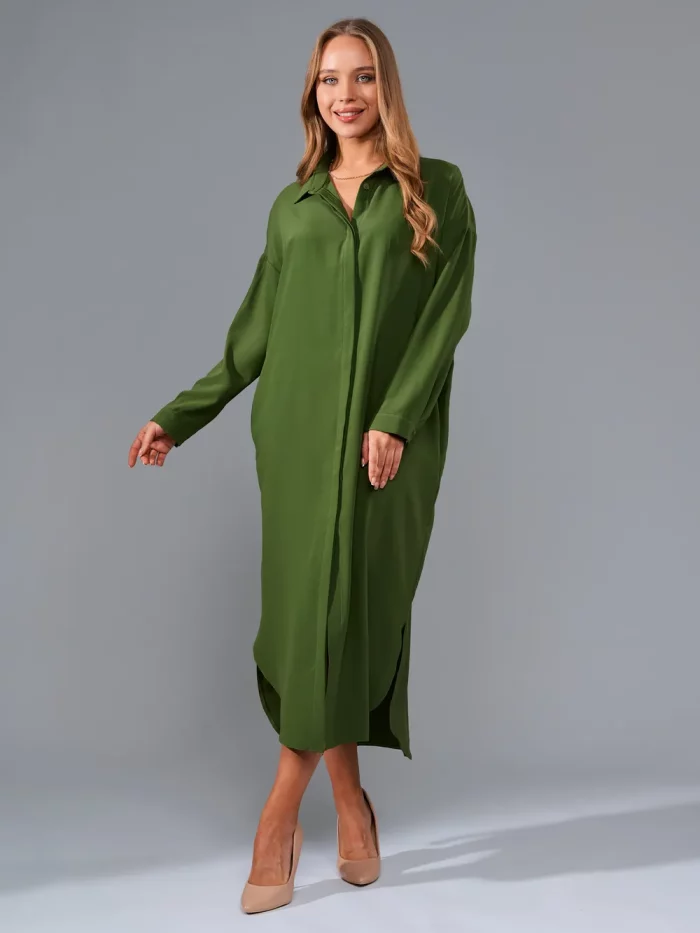 Платье «Рубашка» свободная миди зеленое